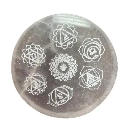 Small 8cm chakra design plate with colorful chakra symbols for charging crystals or small items on white background