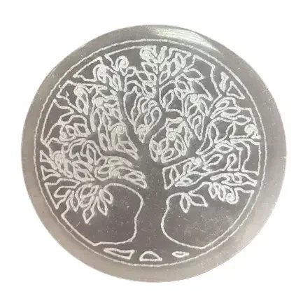 Small 8cm round tree of life plate with intricate design, used as a charging plate for crystals or small items