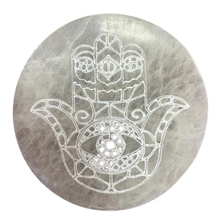 Medium 10cm charging plate featuring a Hamsa design, used for energy cleansing and charging crystals