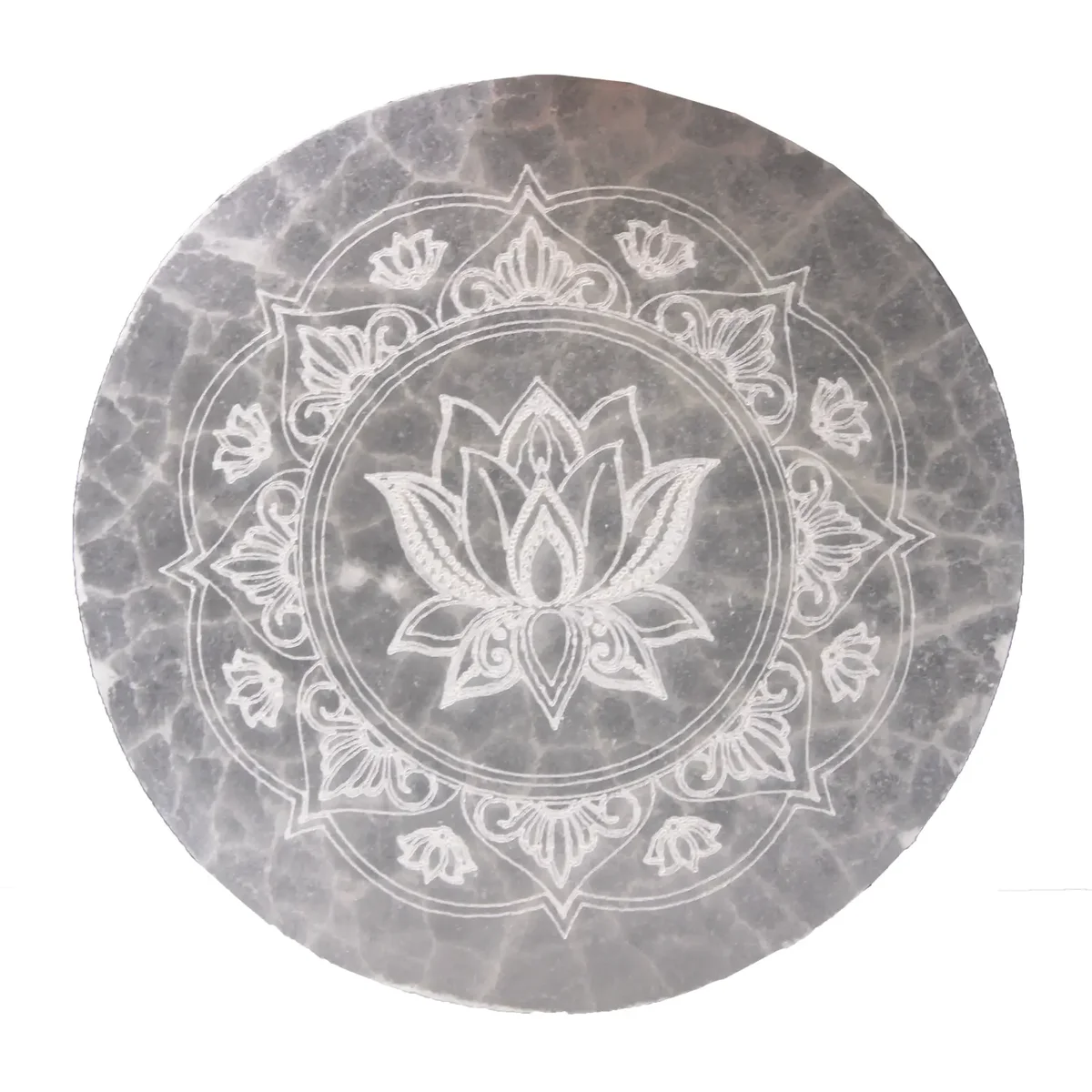 Medium 10cm lotus mandala plate with intricate circular floral design in soft neutral tones for charging crystals