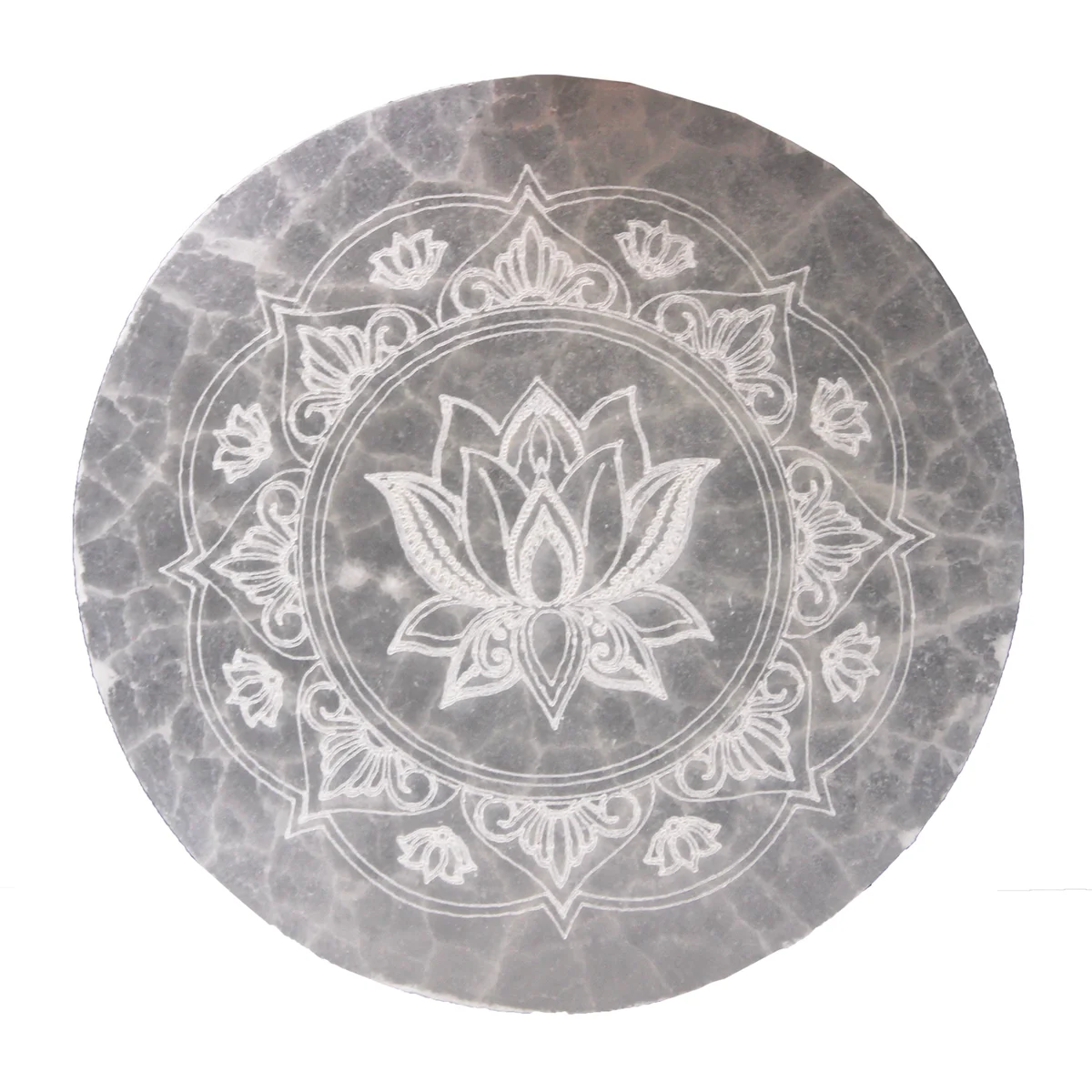 Round 10cm charging plate with intricate lotus mandala design in medium size on a plain background