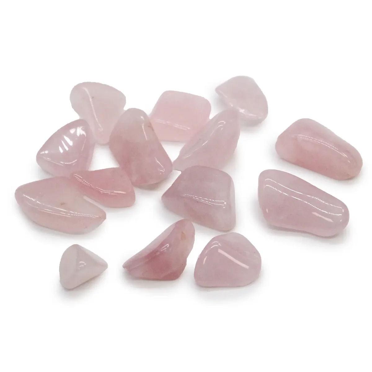 Polished natural rose quartz stone in a smooth tumble shape on a white background