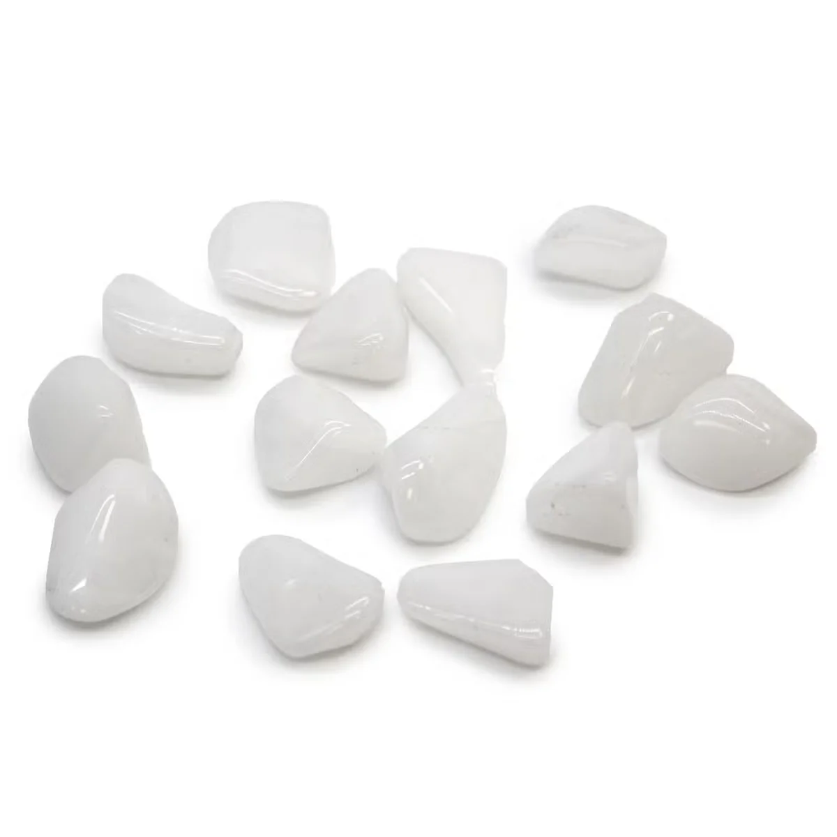 Polished Quartz Snow tumble stone natural crystal ornament with smooth white and translucent textures on a plain background
