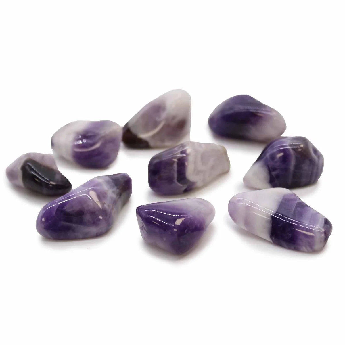 Large tumble stones in amethyst banded purple shades, polished and irregularly shaped, Grade B quality.