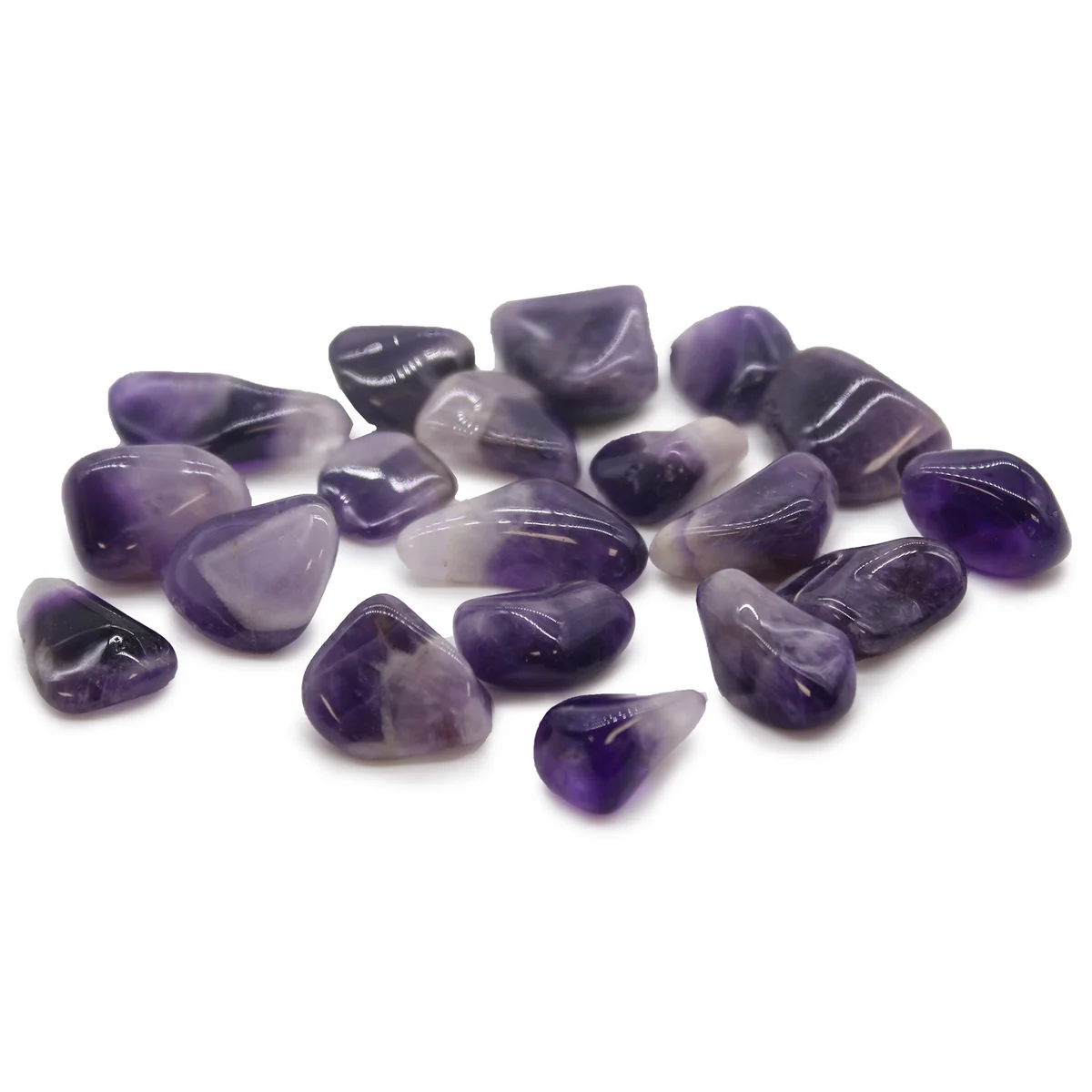 M Tumble Stone Amethyst Banded Grade A showing smooth purple and white striped polished surface on white background