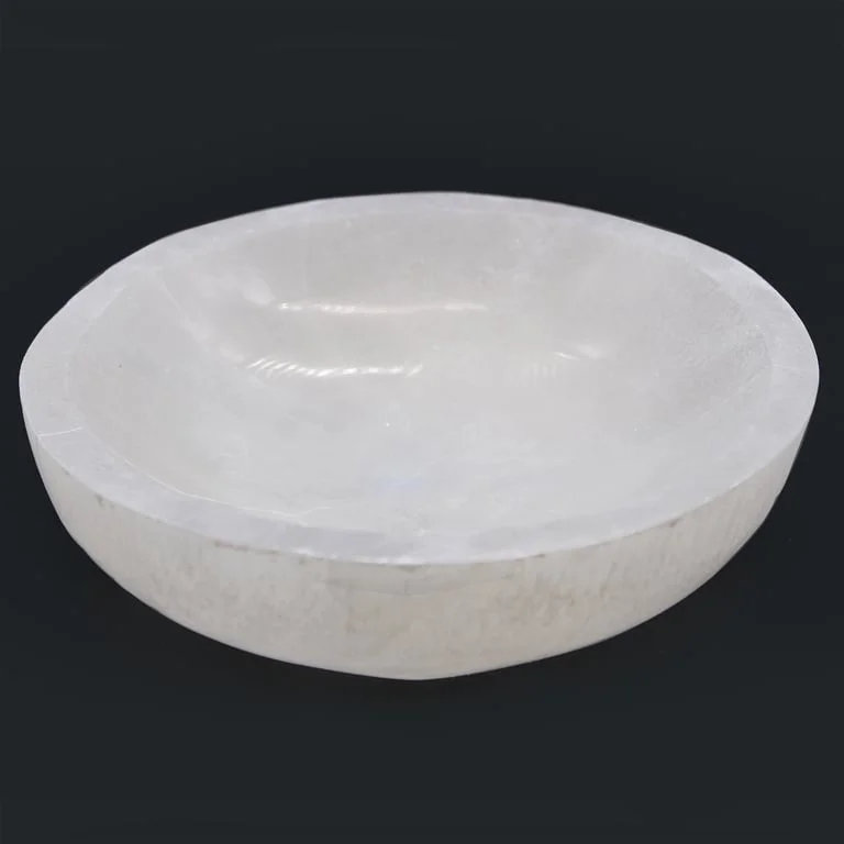 15cm selenite bowl with smooth round shape and translucent white crystal finish on plain background
