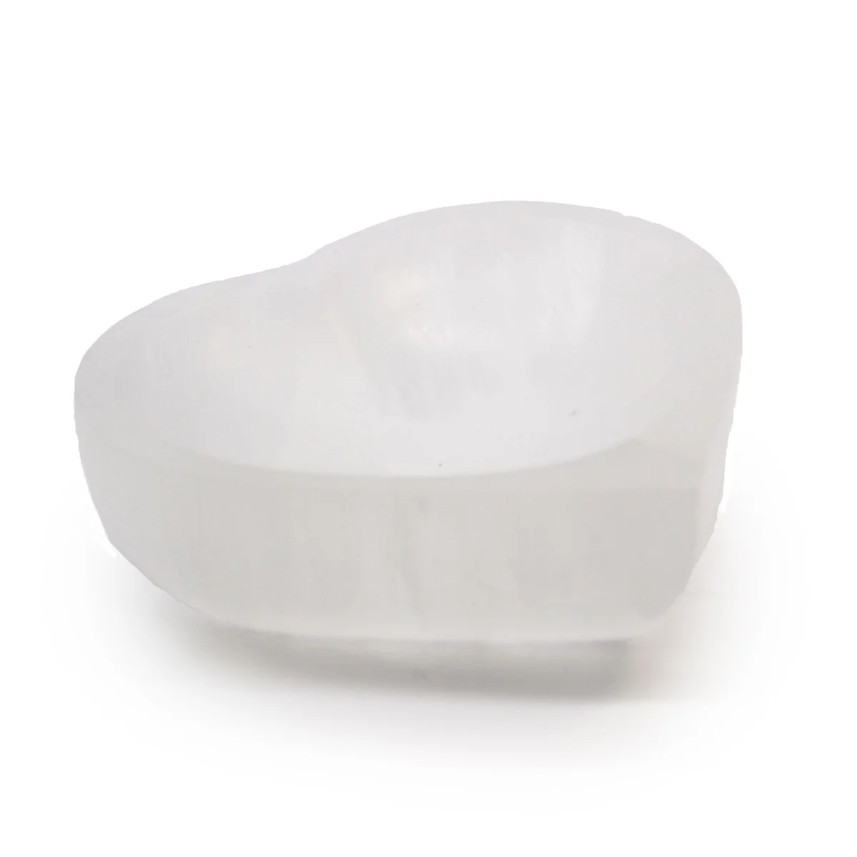 Selenite heart bowl measuring 10cm with smooth, translucent white crystal surface on plain background