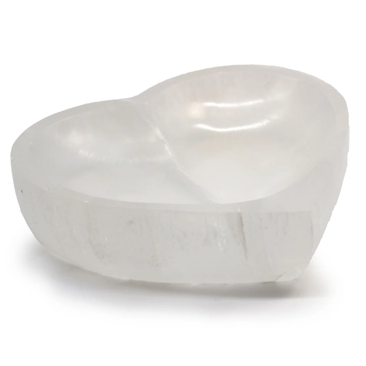 Selenite heart bowl measuring 15cm with smooth, translucent white crystal surface on a plain background