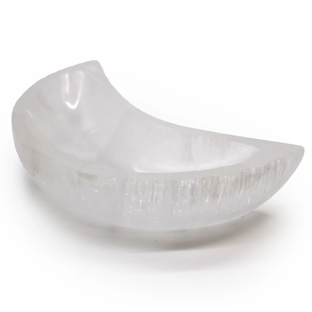 15cm selenite moon bowl with smooth, translucent white surface shaped like a crescent moon on a plain background