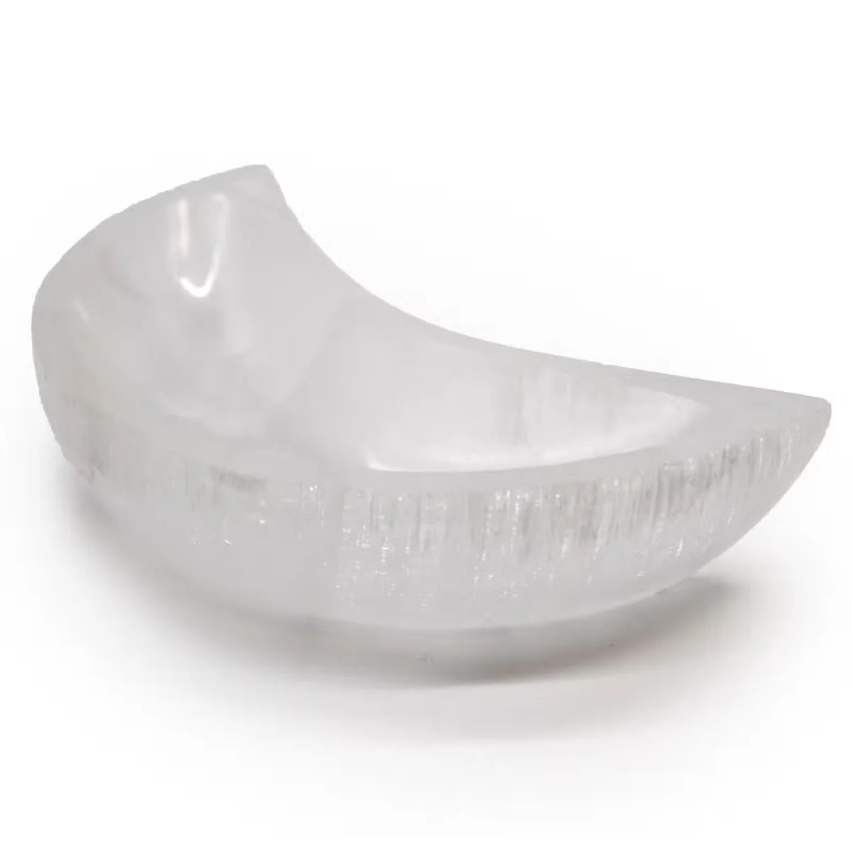 White translucent selenite moon-shaped 15cm decorative bowl on a plain background