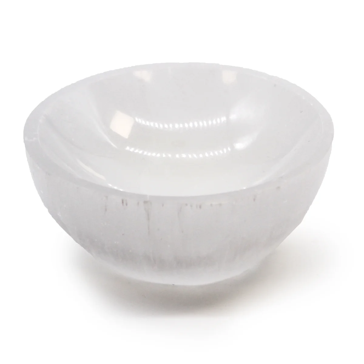 8cm selenite bowl with smooth round shape and translucent white crystal finish on a plain background