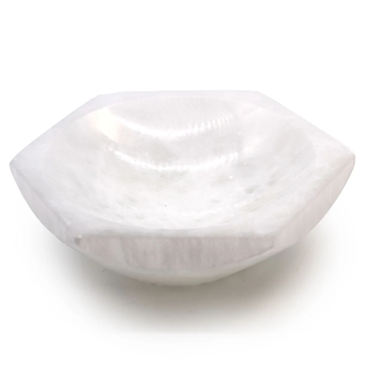 Selenite hex bowl with smooth translucent white crystal finish, measuring 15cm across, hexagonal shape.