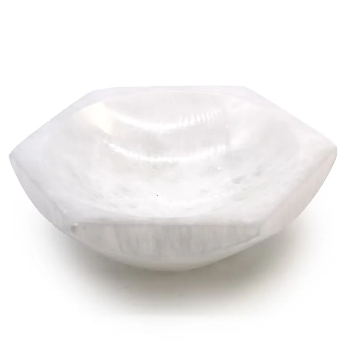 15cm hexagonal selenite decorative crystal bowl with smooth translucent white surface on a white background