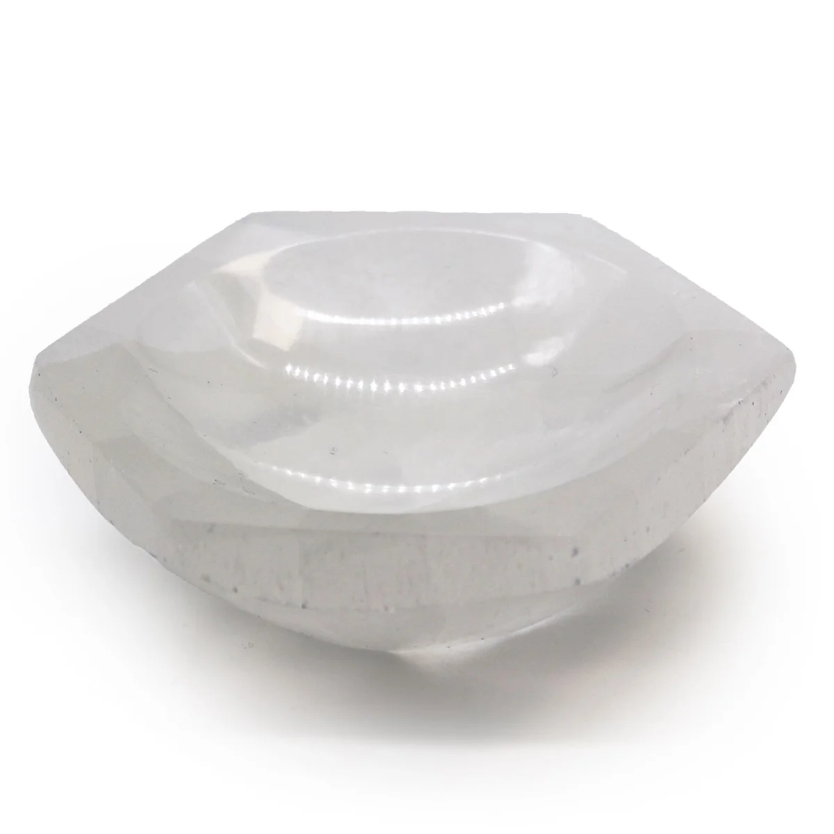 White selenite hex bowl, 10 cm tall, set on a plain background.