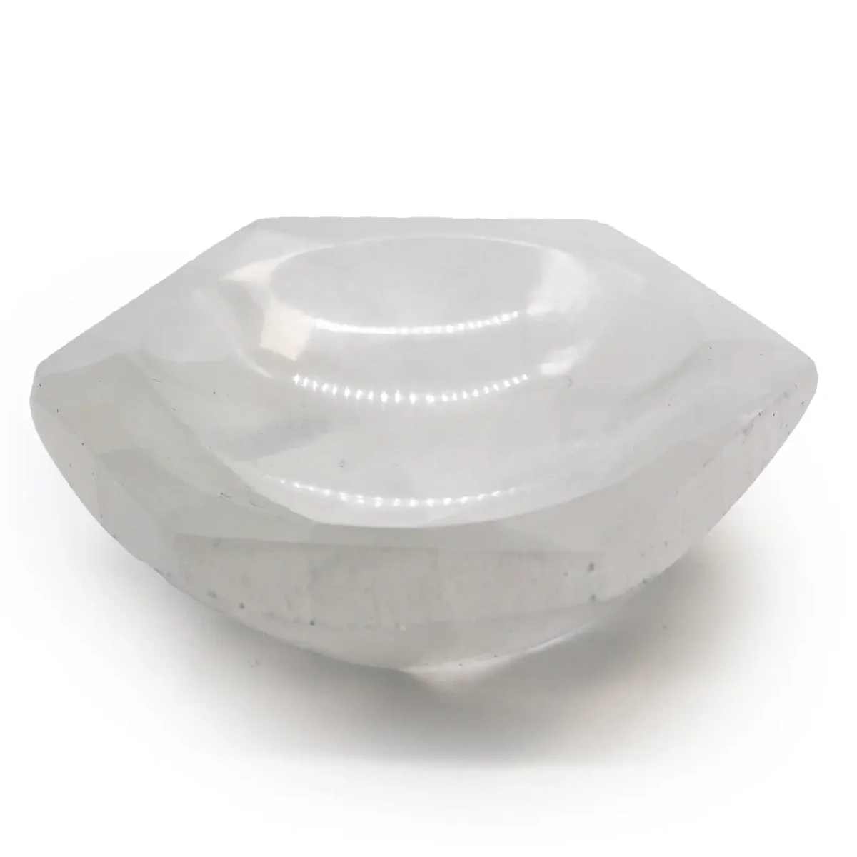 Clear hexagonal selenite bowl, 10cm, showing a smooth translucent crystal surface with a subtle natural shine.