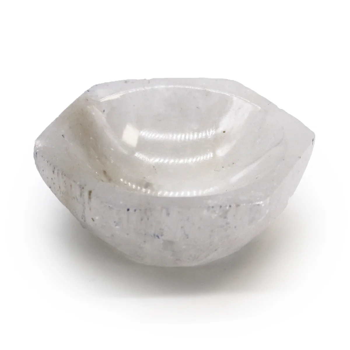 Small 6cm selenite hexagonal decor bowl with smooth translucent white crystal surface on white background