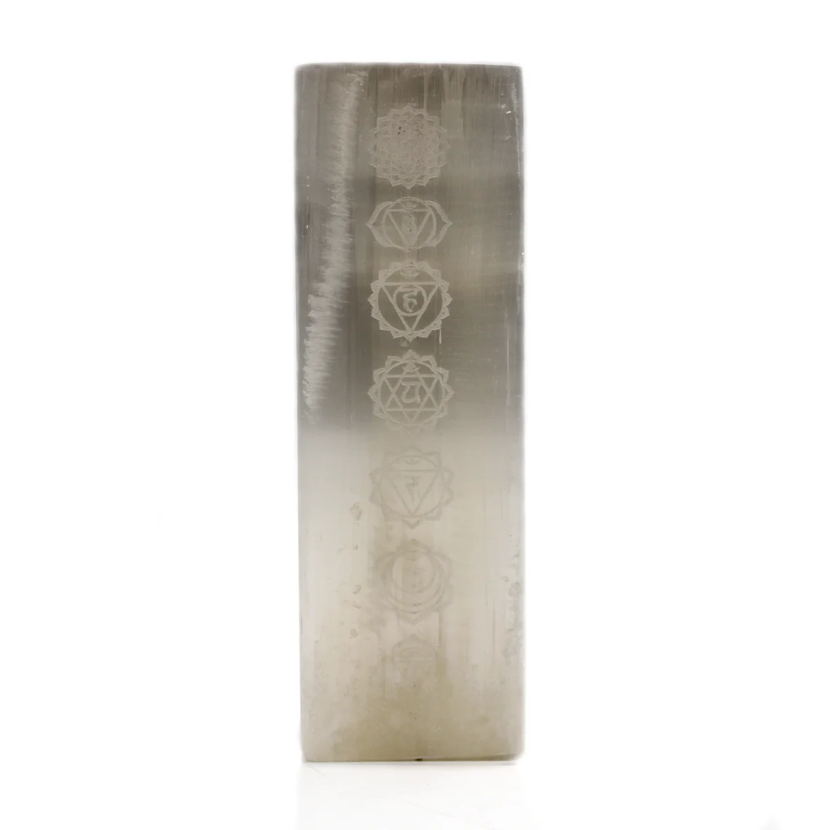 Decorative block lamp made of selenite, 25cm tall, used for chakra lighting.