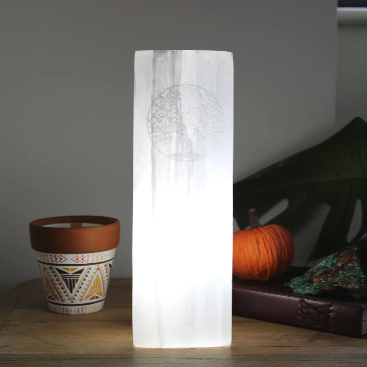 Selenite block lamp 25cm with carved Tree of Life design glowing softly on a white background