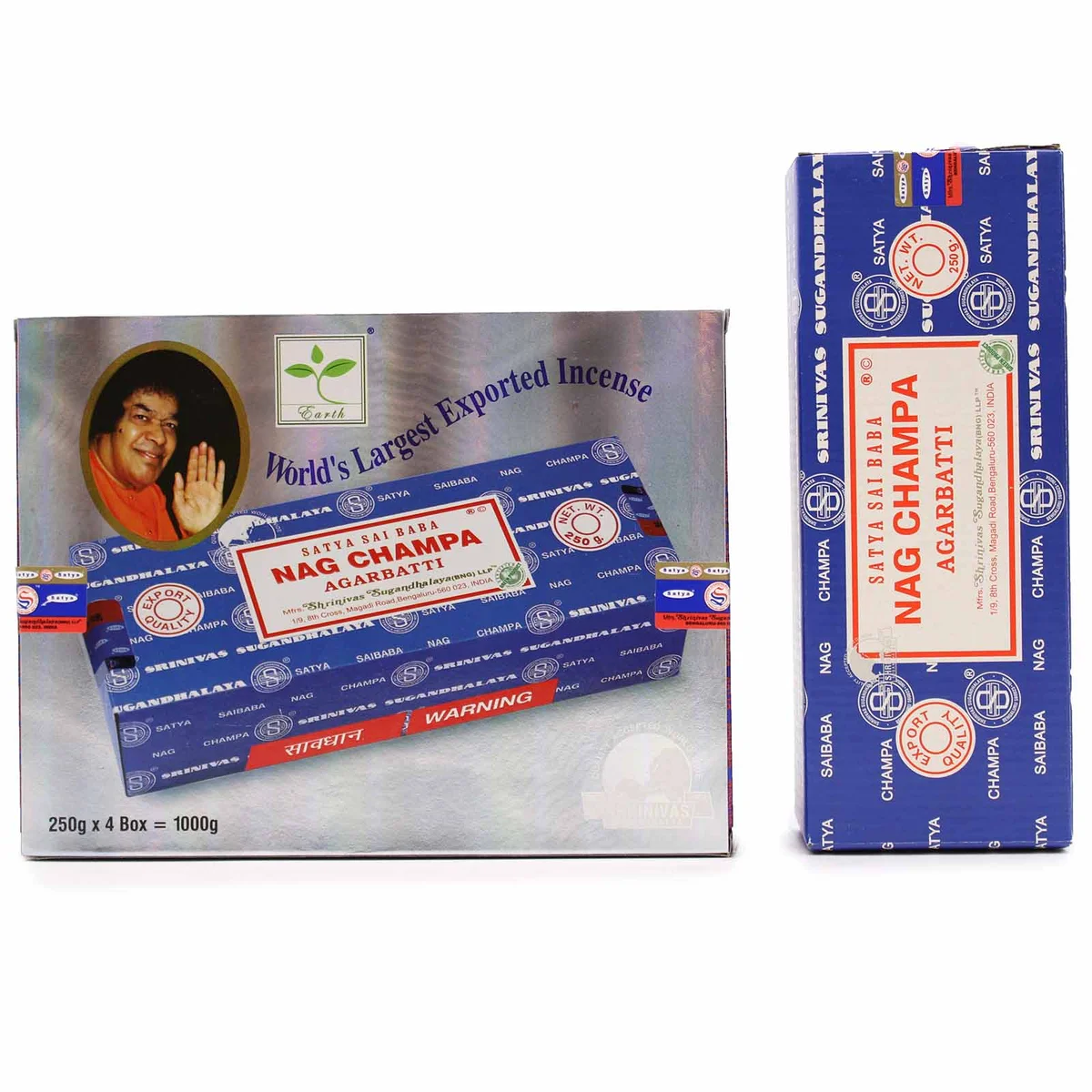 Satya Nagchampa 250g incense pack with traditional packaging and floral design on a white background