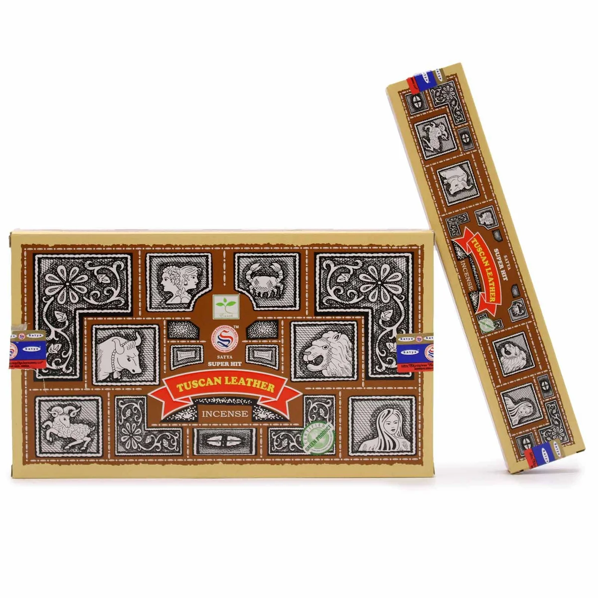 Bottle of Super Hit Tuscan leather essential oil with simple label on white background