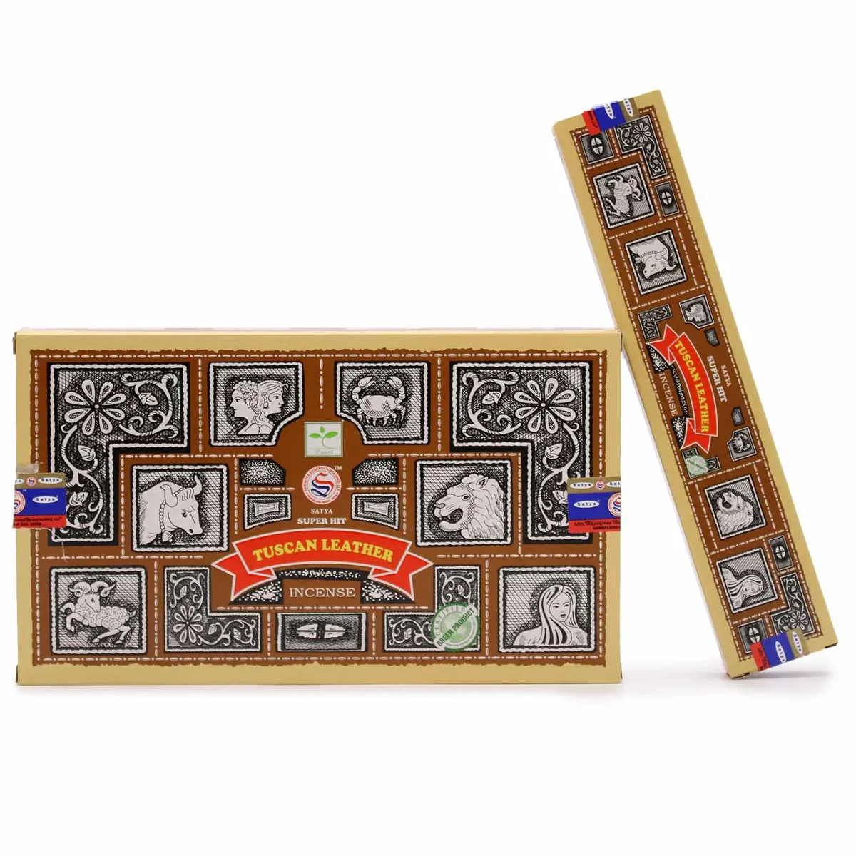 Bottle of Super Hit Tuscan Leather leather scented oil with sleek, dark amber packaging on white background