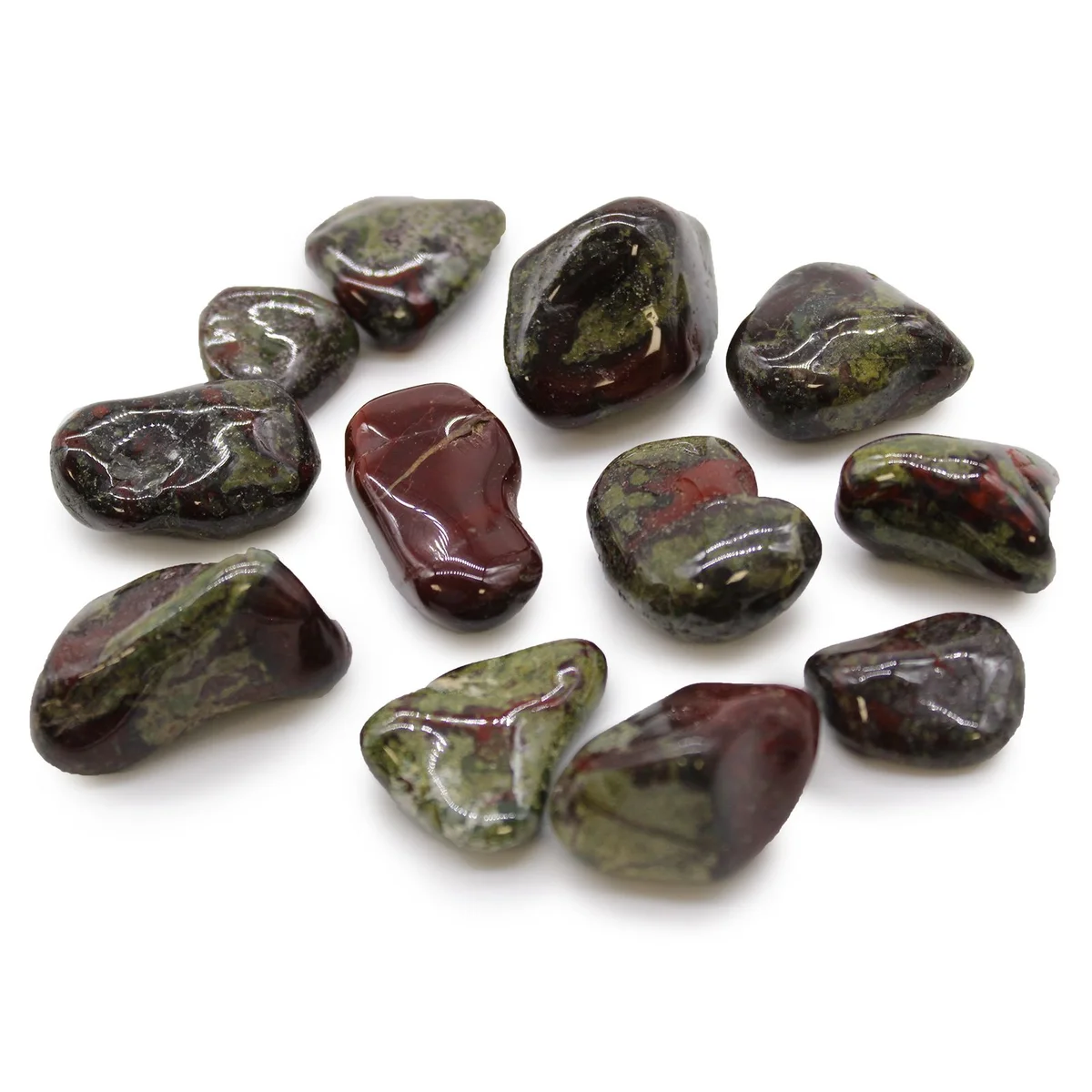 Medium-sized polished African tumble stones known as Dragon Stones, showcasing smooth textured surfaces and natural colors