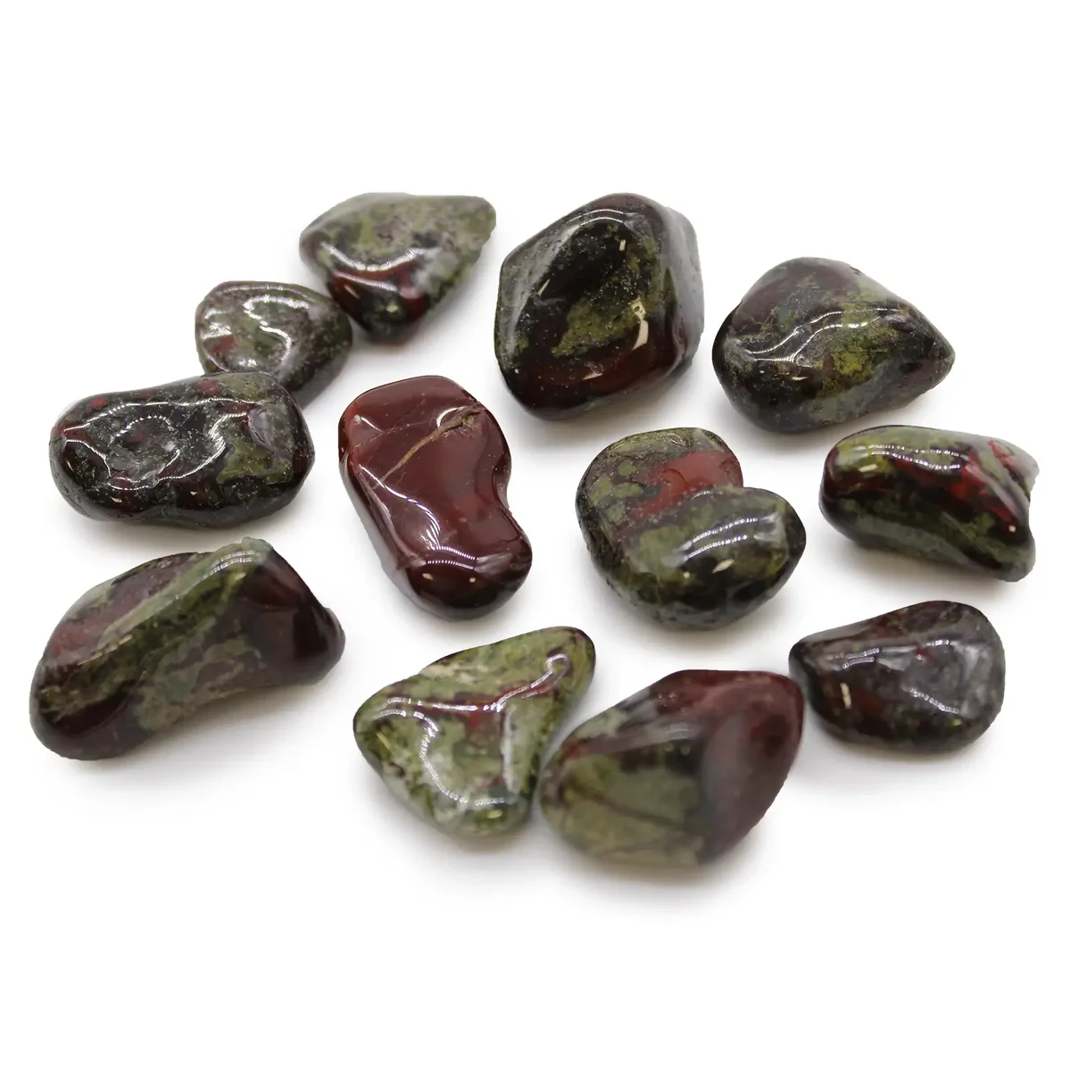 Medium tumble stones in various earthy tones, polished smooth, known as African Dragon Stones on a white background