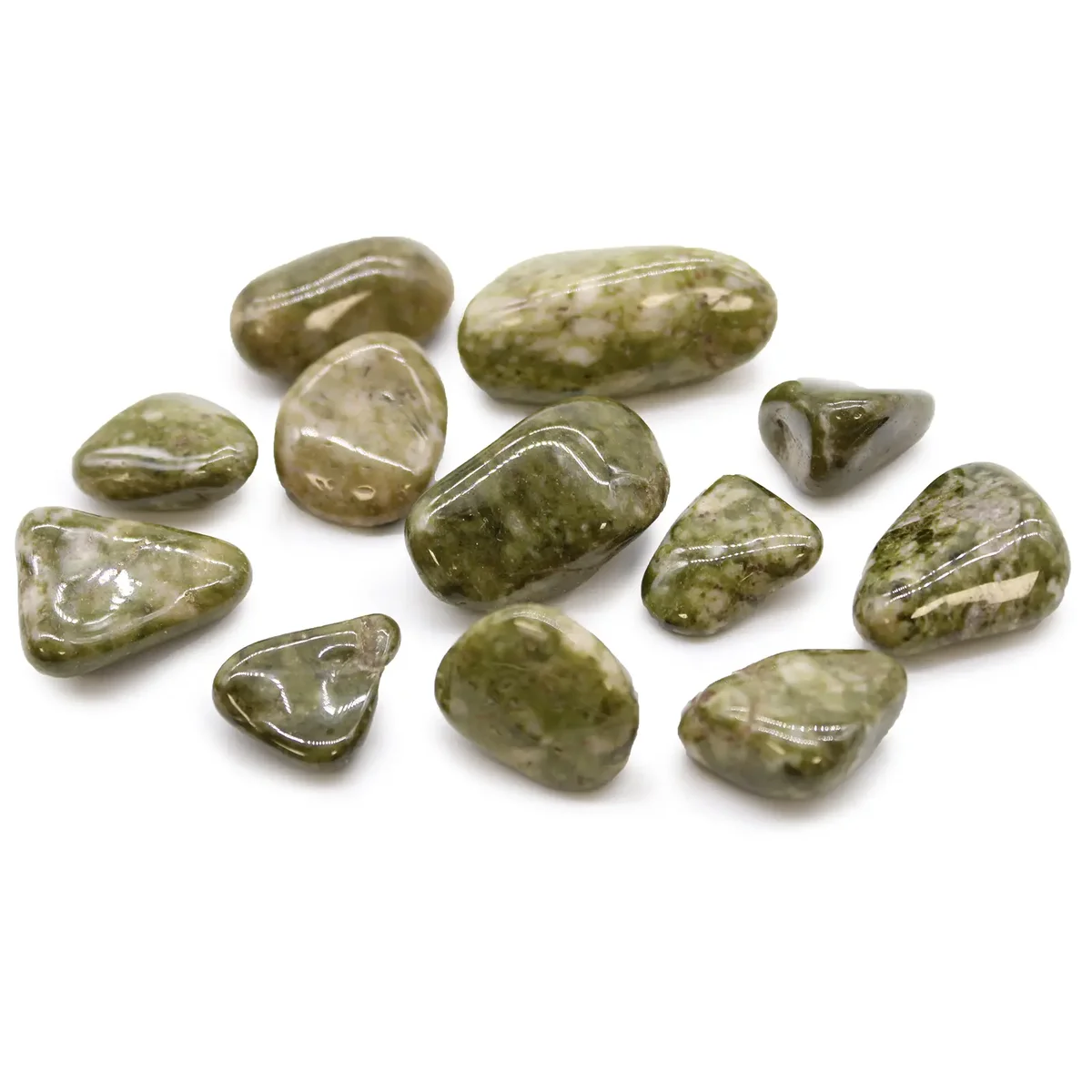 Medium-sized polished African epidote snowflake stones with green and white patterns on a plain background