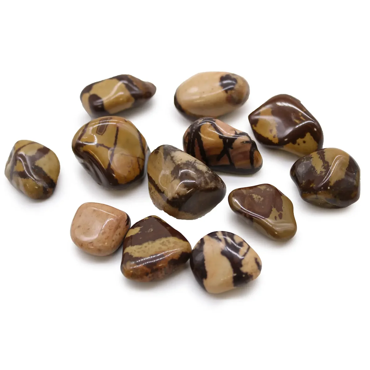 Medium-sized Jasper Nguni tumble stones in earthy tones, polished and smooth, ideal for collection or decoration