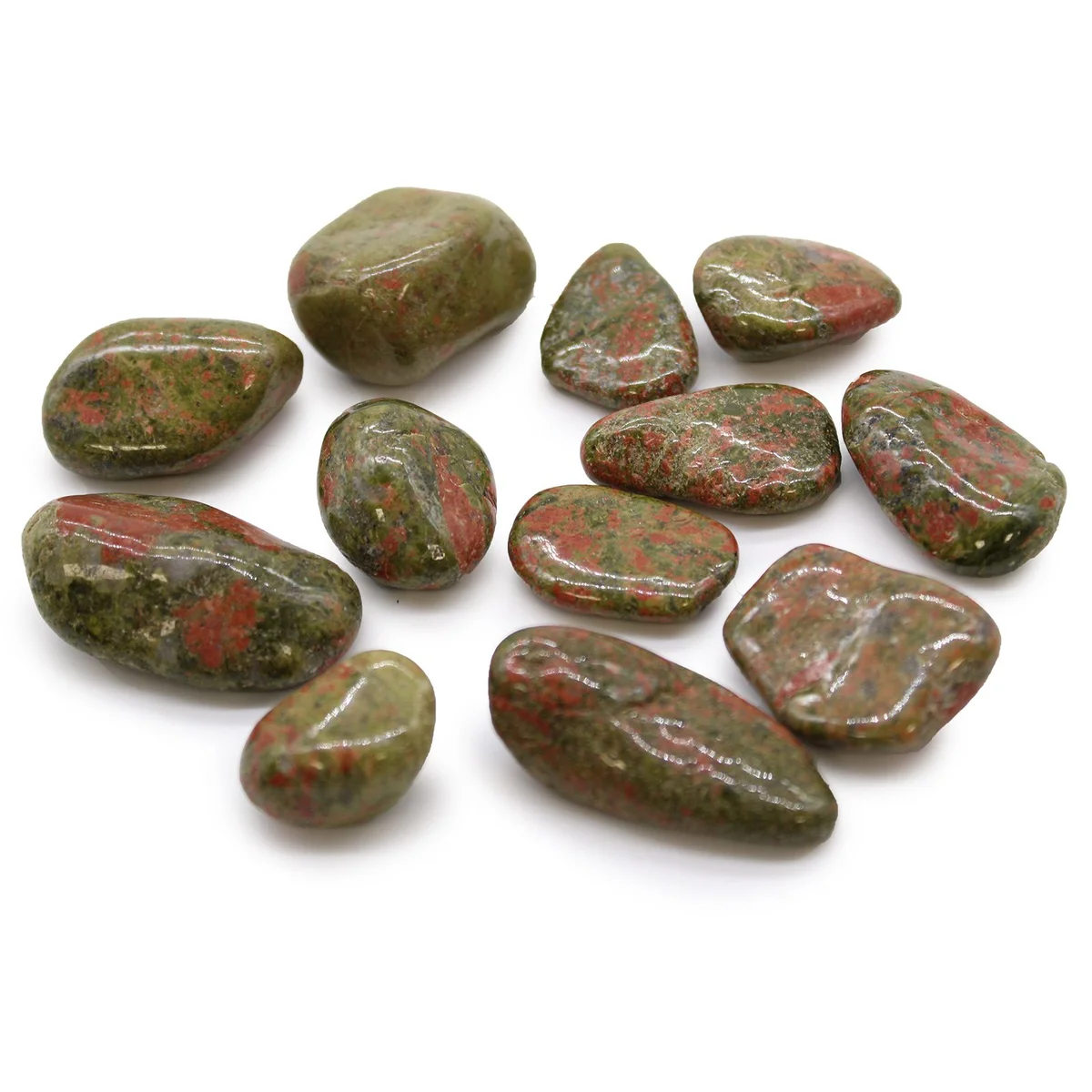 Medium-sized polished African tumble stones in Unakite green, pink, and cream hues arranged on a white background