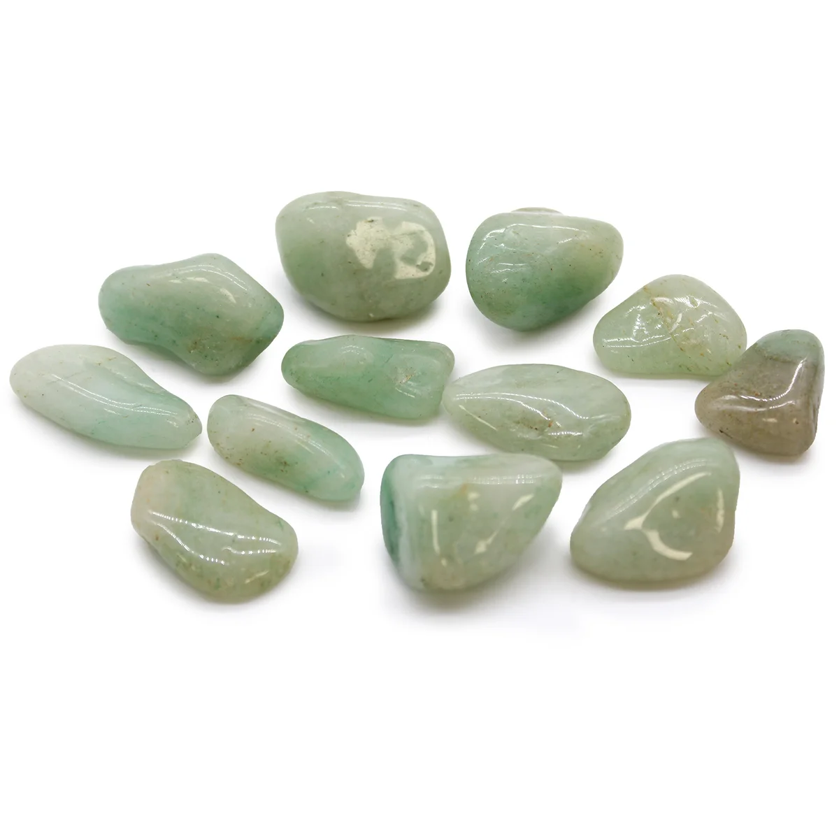 Medium polished green aventurine crystals from Africa, smooth tumble stones displayed on a white background