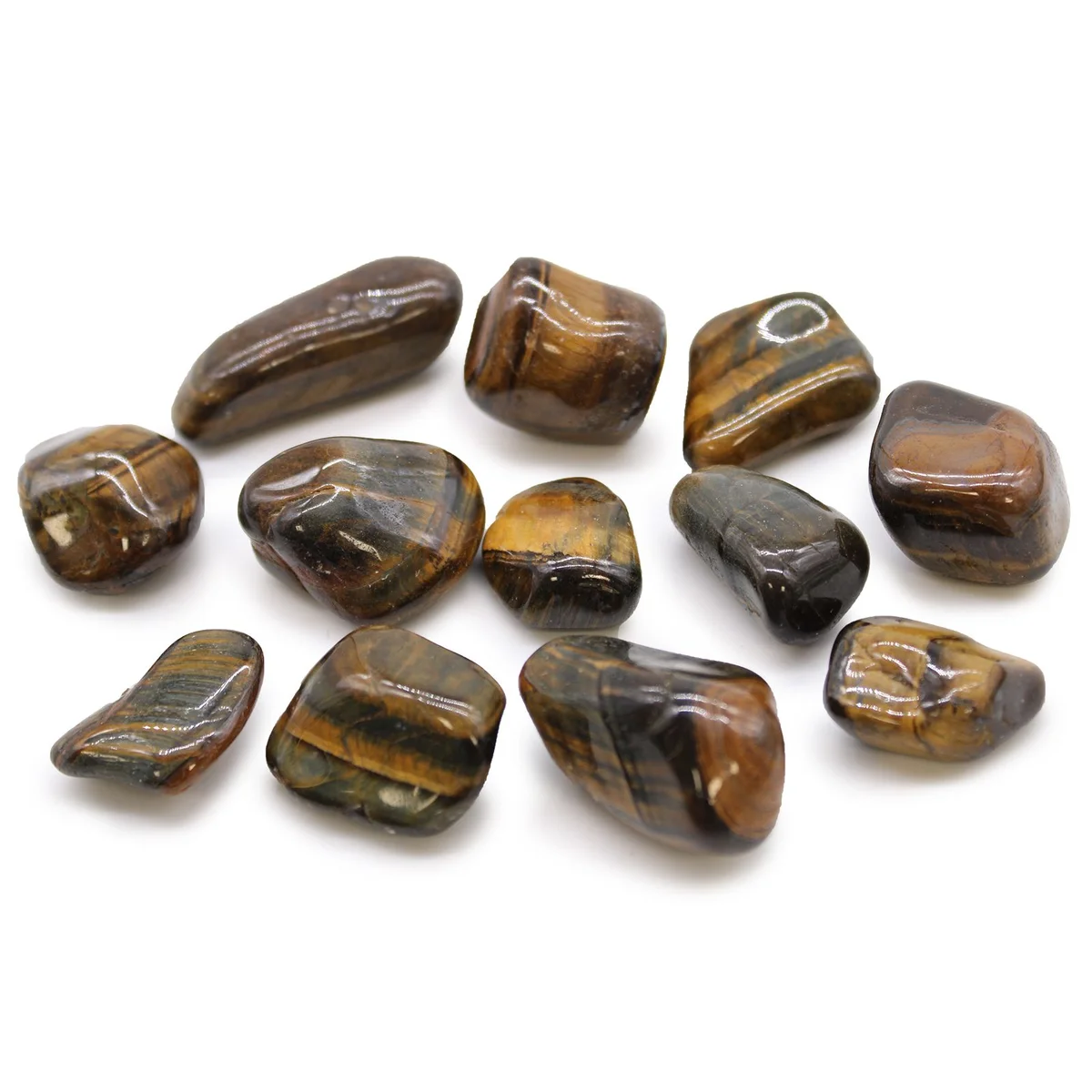 Medium variegated tiger eye stones with smooth tumble finish, showcasing golden brown and yellow hues