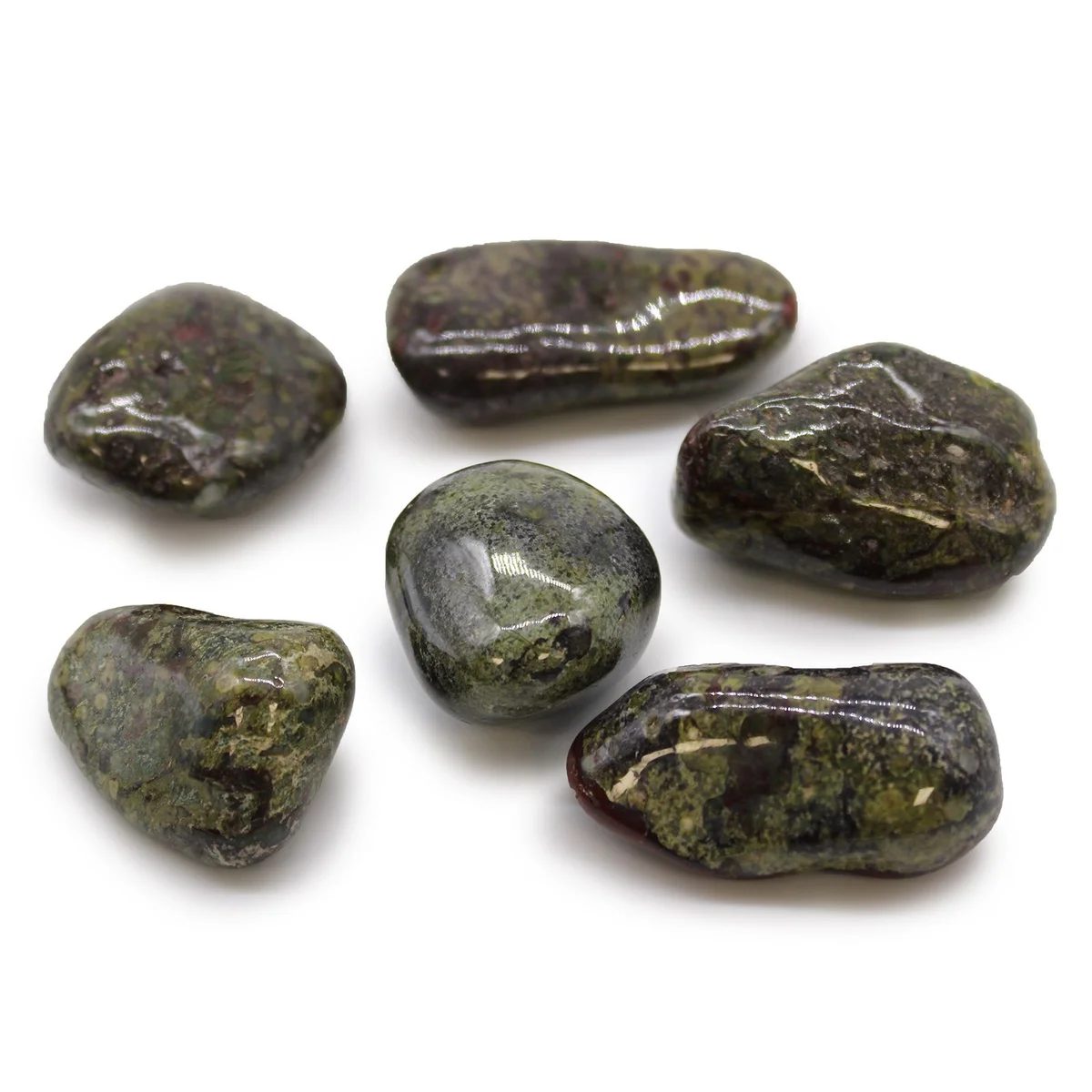 Large tumble stones known as Dragon Stones, polished and smooth, showcasing natural African mineral patterns