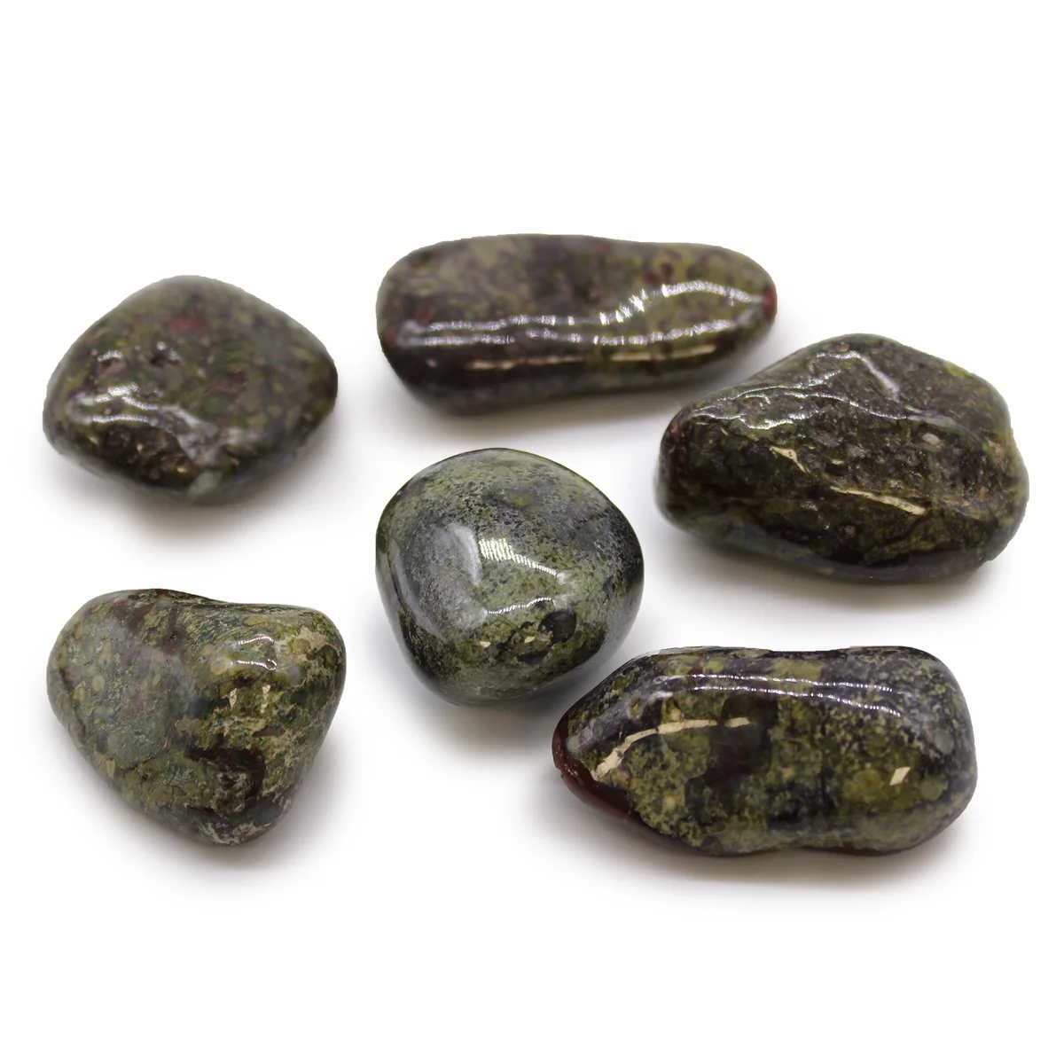 Large polished African dragon stones decor tumble stones in various earthy tones on a white background