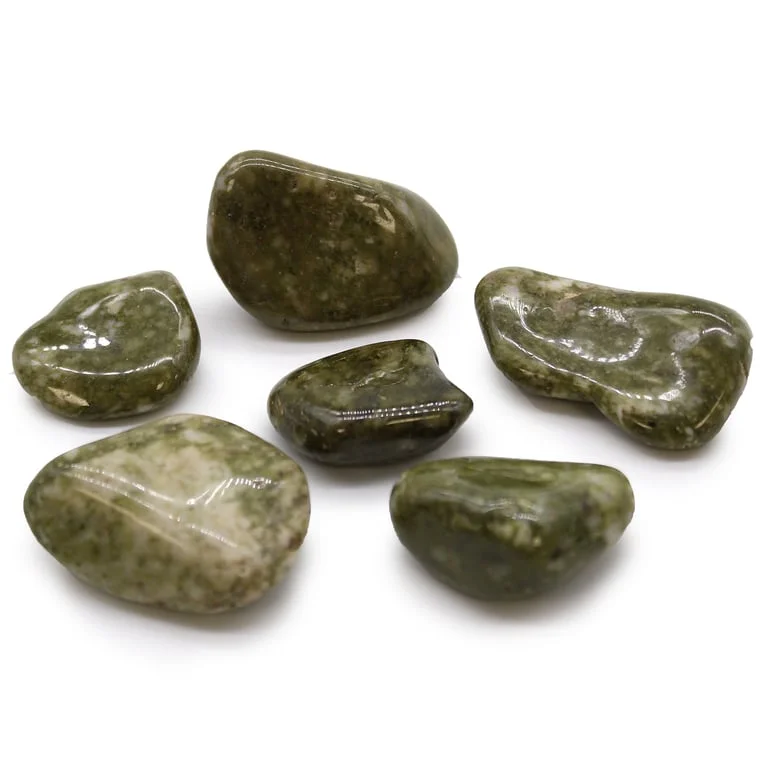 Large African tumble stones with green epidote snowflake patterns, smooth surfaces, varying shapes