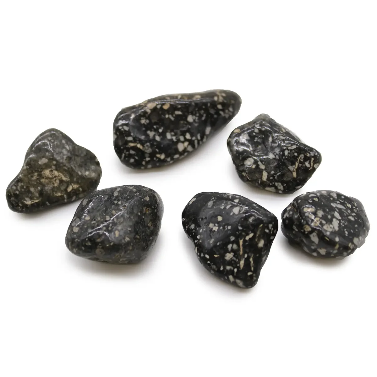 Large African tumble stones featuring Guinea fowl decor with detailed feather patterns and natural colors