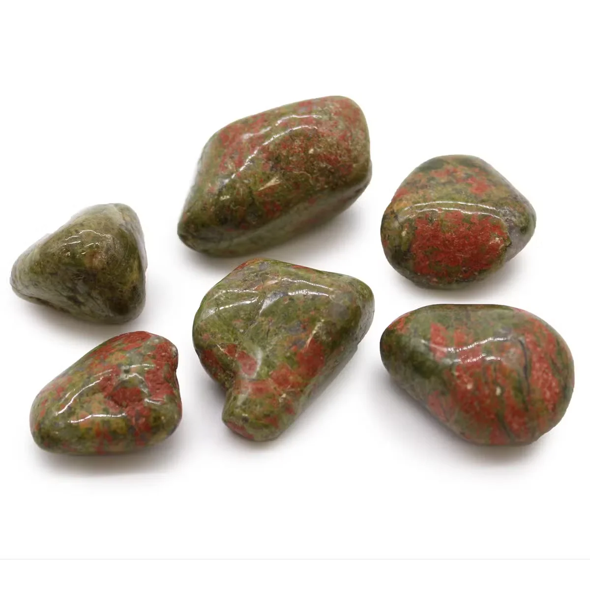 Large polished Unakite decorative tumble stones in earthy green and pink hues, ideal for display or collection