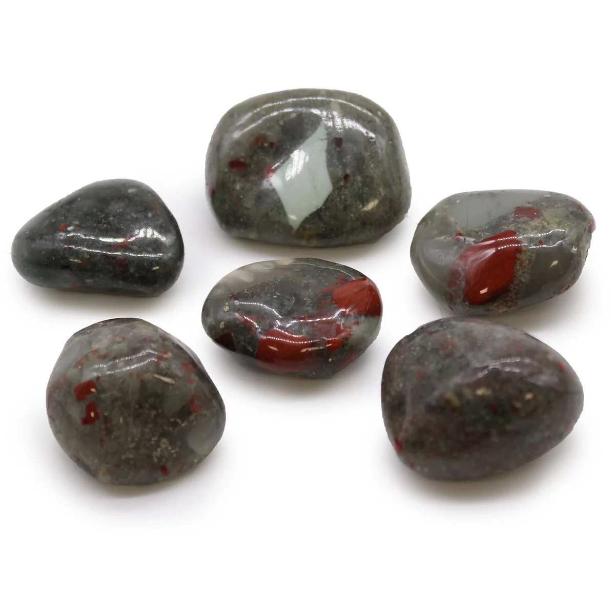 Large bloodstone tumble stone, a rough natural stone displayed on a plain background.