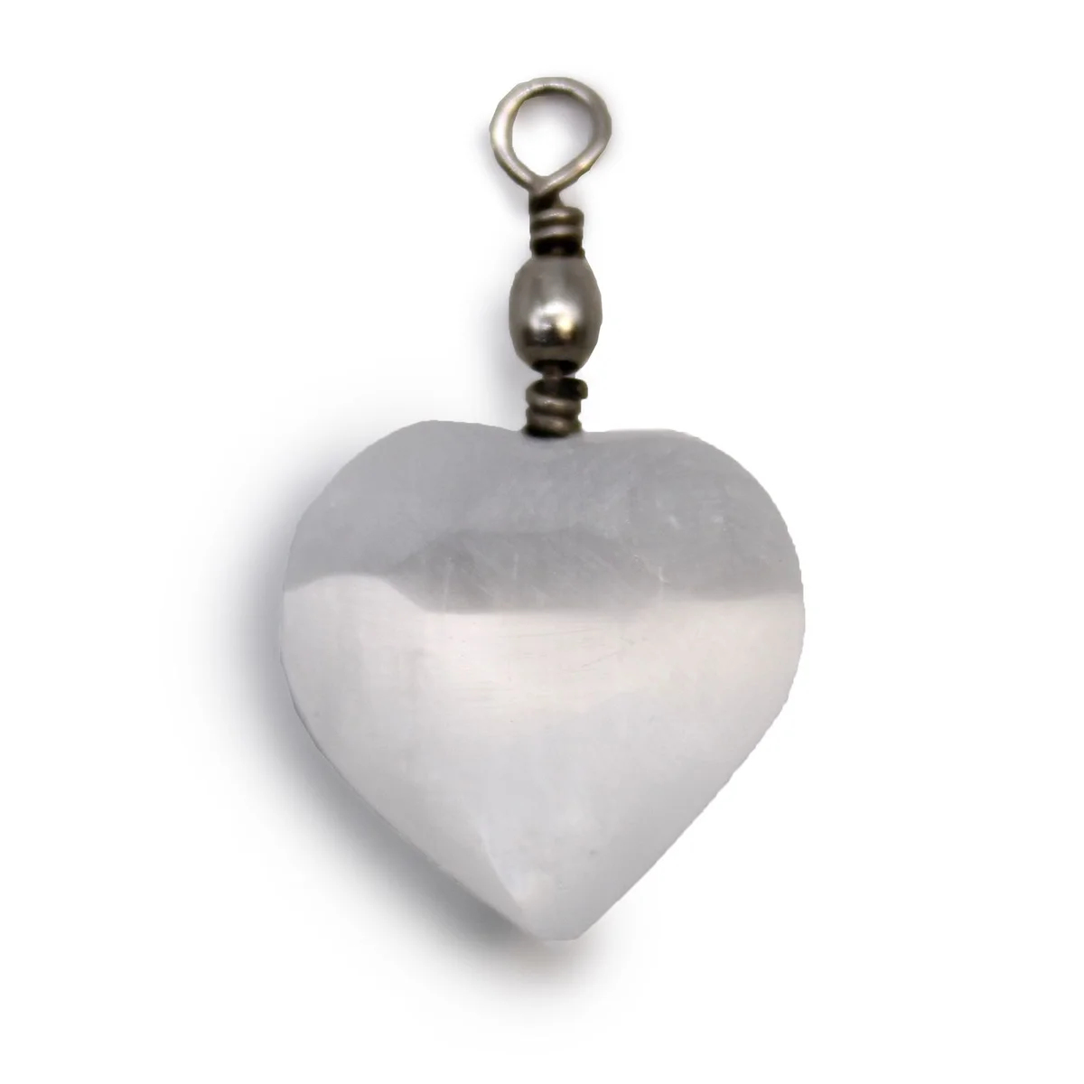 Selenite heart pendant with smooth polished surface and soft white translucent appearance on a plain background