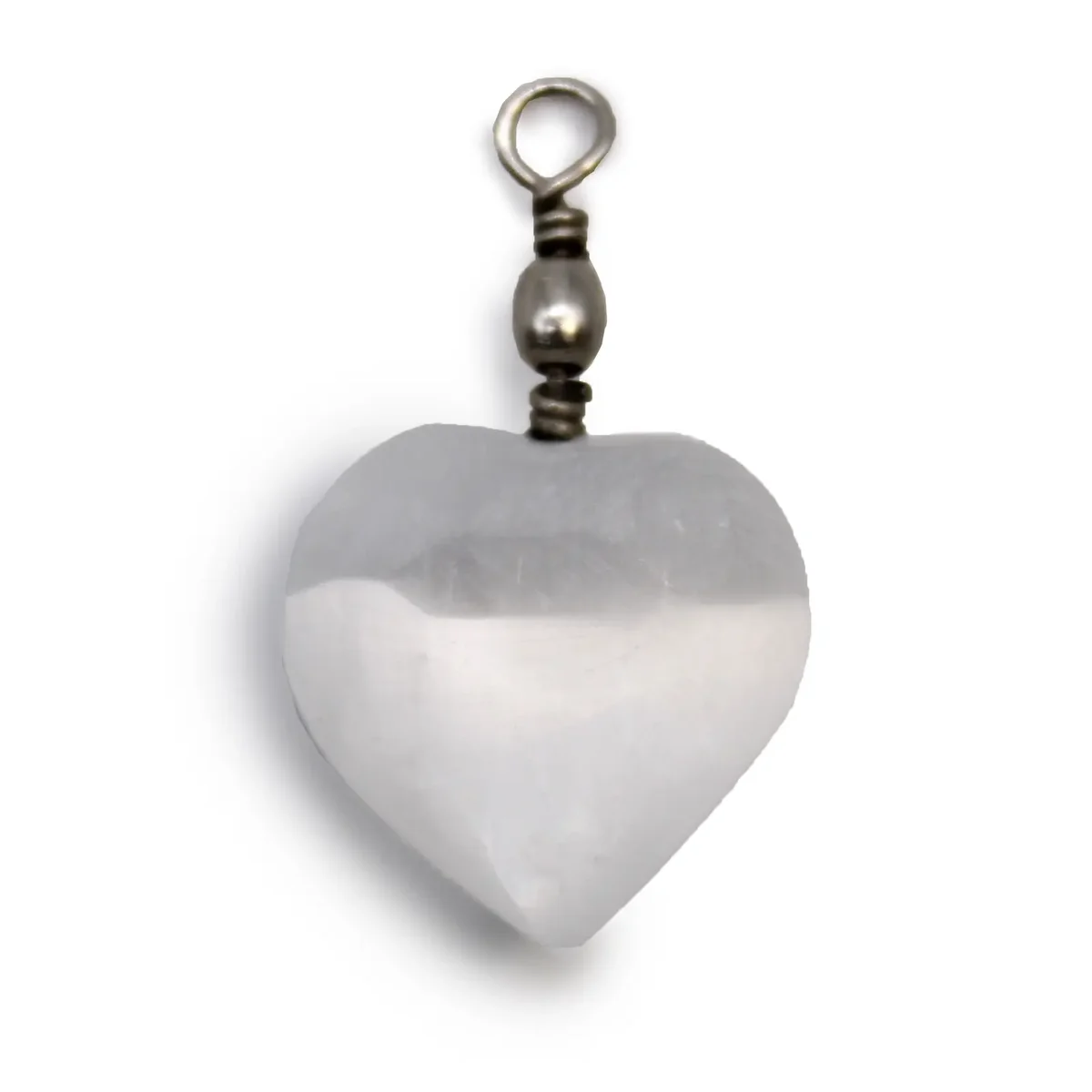 Selenite heart pendant necklace with smooth, translucent white crystal heart on a silver chain against white background