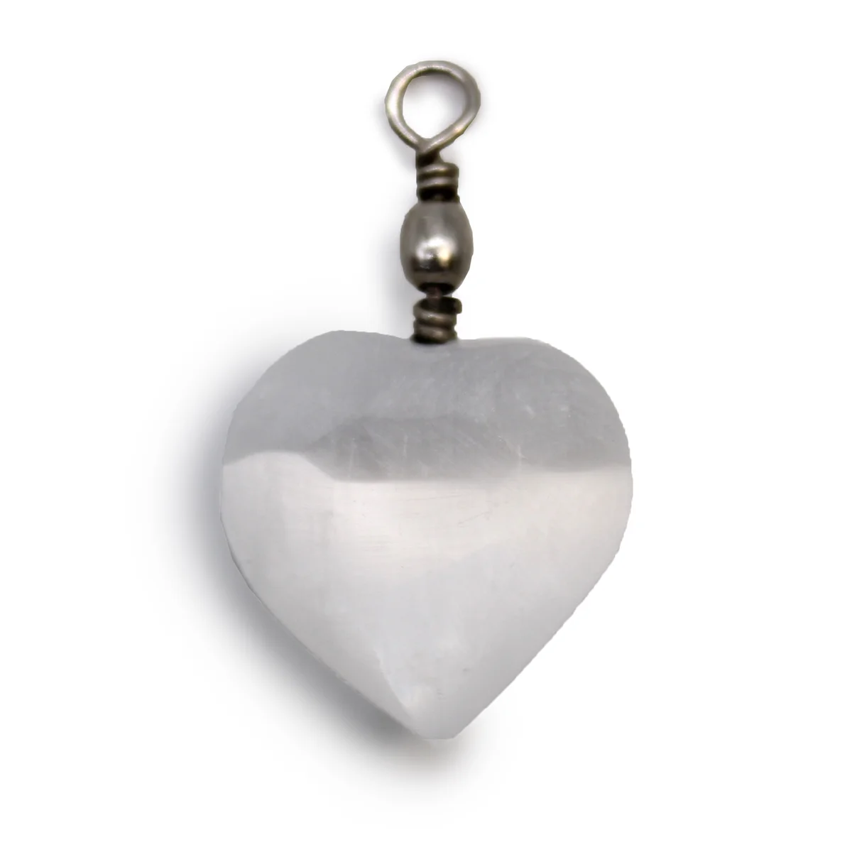 Selenite heart pendant on a silver chain, showcasing delicate selenite crystal jewellery design against a white background