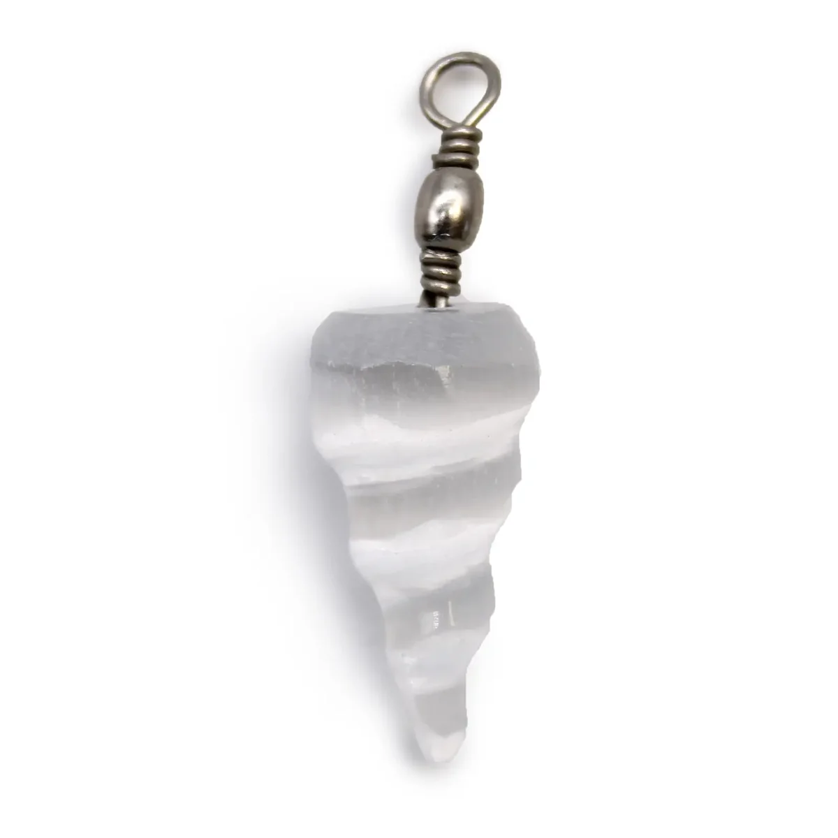 Selenite spiral pendant necklace with translucent white crystal on a silver chain against a plain background
