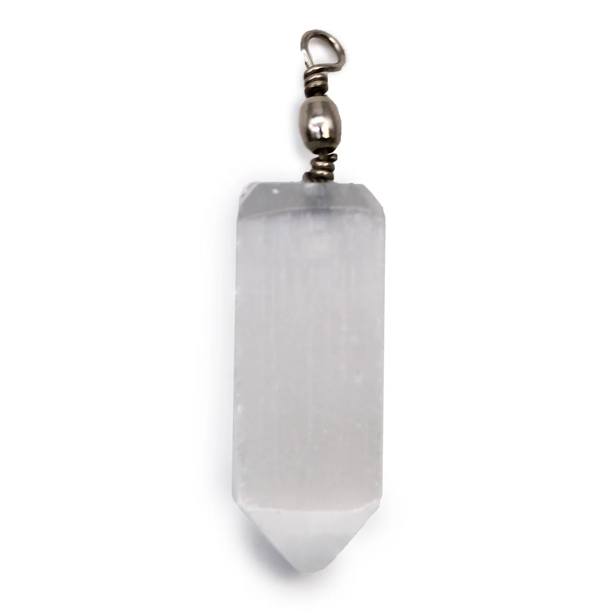 Selenite obelisk pendant with a smooth, translucent white crystal shape on a silver chain against white background
