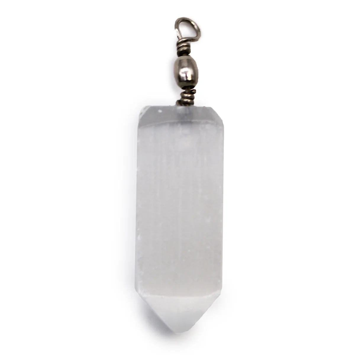Close-up of a polished selenite obelisk pendant jewellery piece with smooth, translucent white surface on a chain