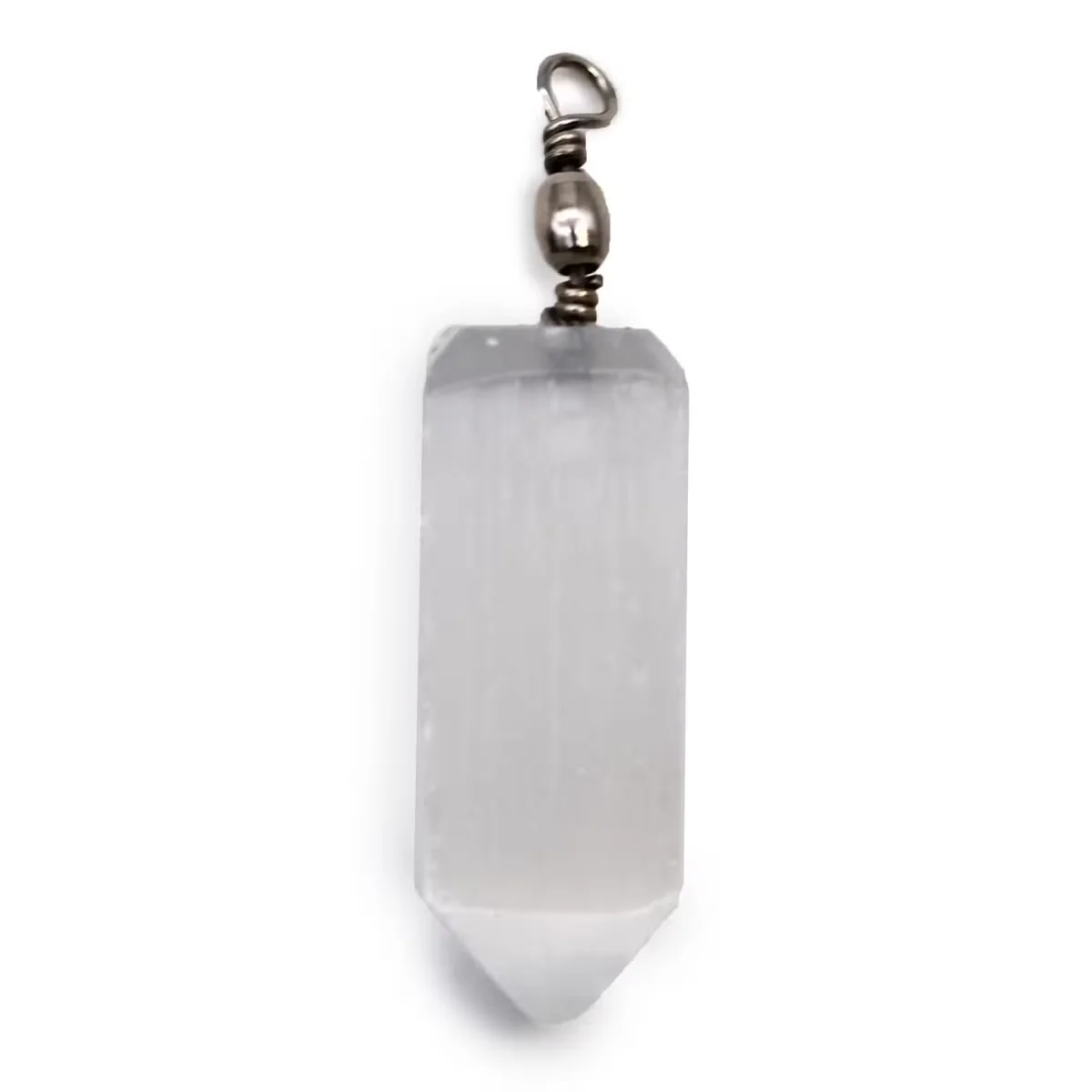 Selenite crystal obelisk necklace pendant with a smooth, translucent white finish on a silver chain against white background