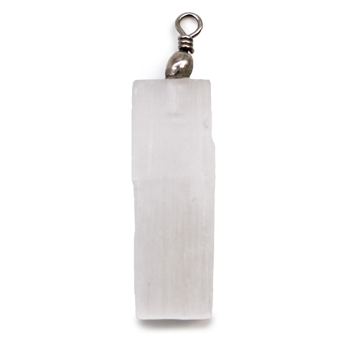 Selenite natural pendant with smooth, translucent white crystal on a simple cord necklace against white background