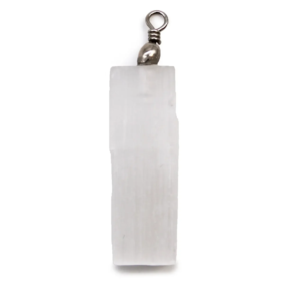 Selenite natural stone pendant with smooth, translucent white crystal on a black cord necklace against white background