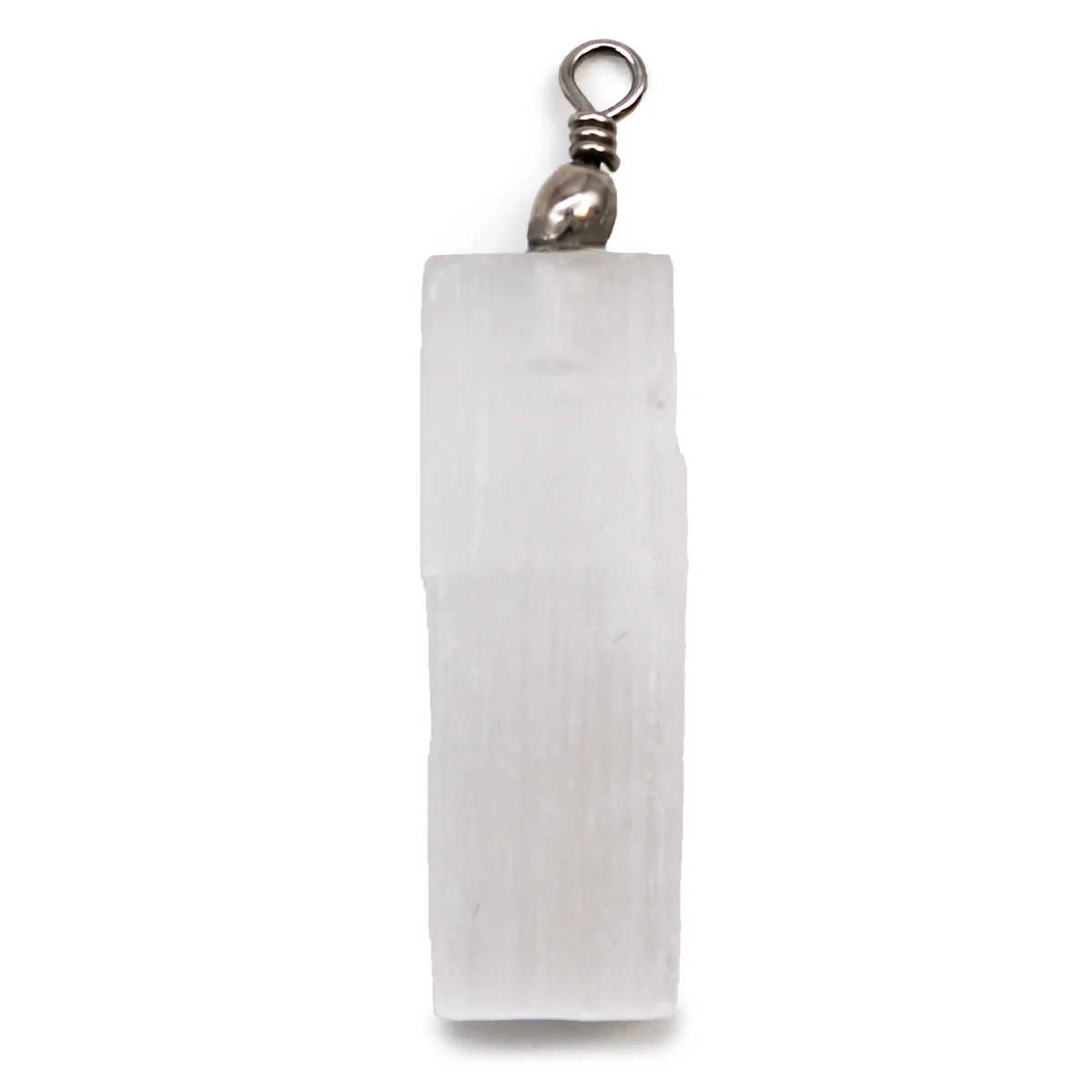 Close-up of a selenite crystal necklace pendant showing its natural white translucent texture on a white background