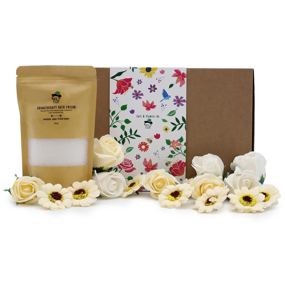 Salt Soak Set packaging with cold and flu bath soak products arranged on a light surface