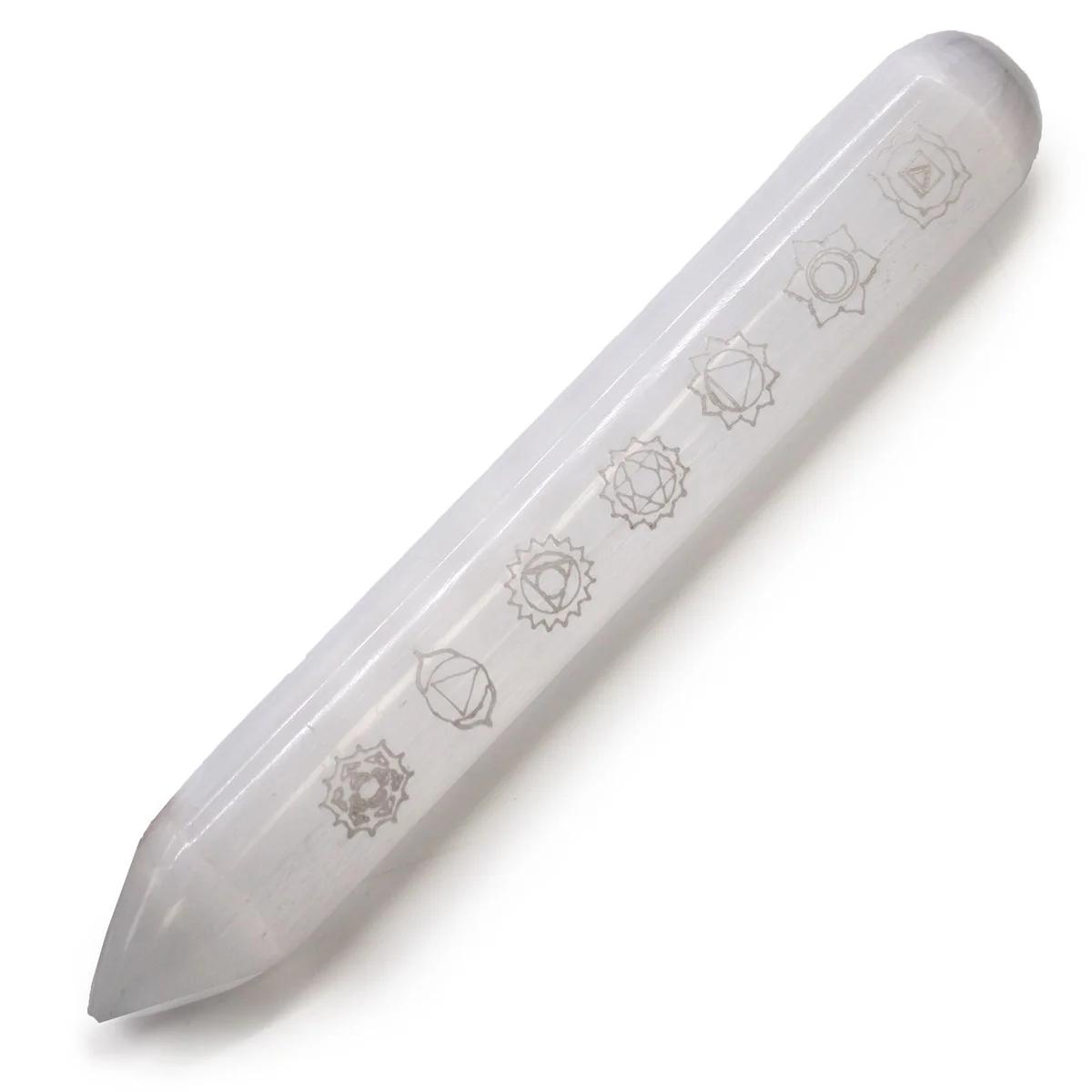 16 cm selenite wand with one pointed end, featuring 7 chakra design on smooth white crystal surface